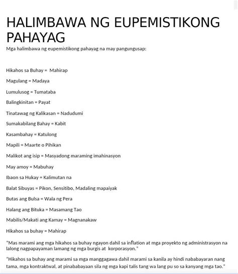 eupemistikong pahayag worksheet